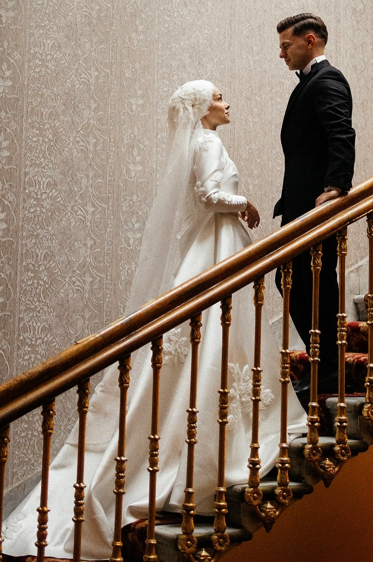 Pakistani Ivory Lace Appliqué Satin A-Line Wedding Gown (2-Piece) - Image 6