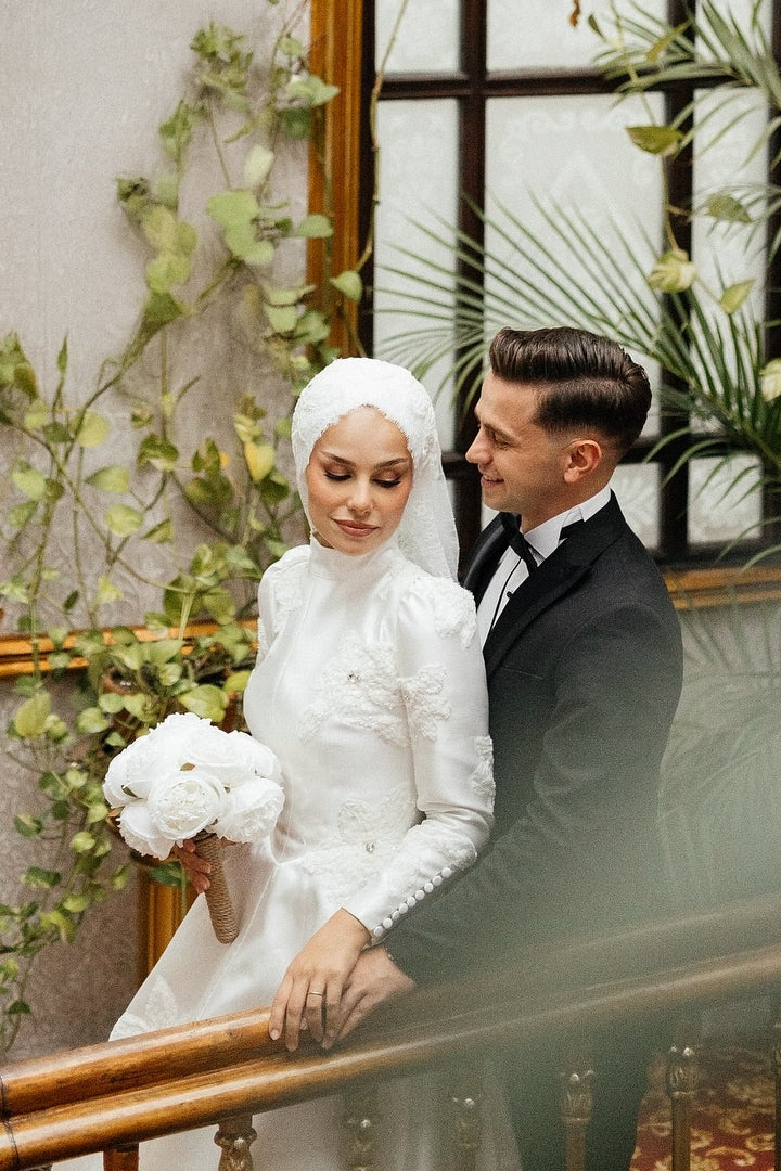 Pakistani Ivory Lace Appliqué Satin A-Line Wedding Gown (2-Piece) - Image 7