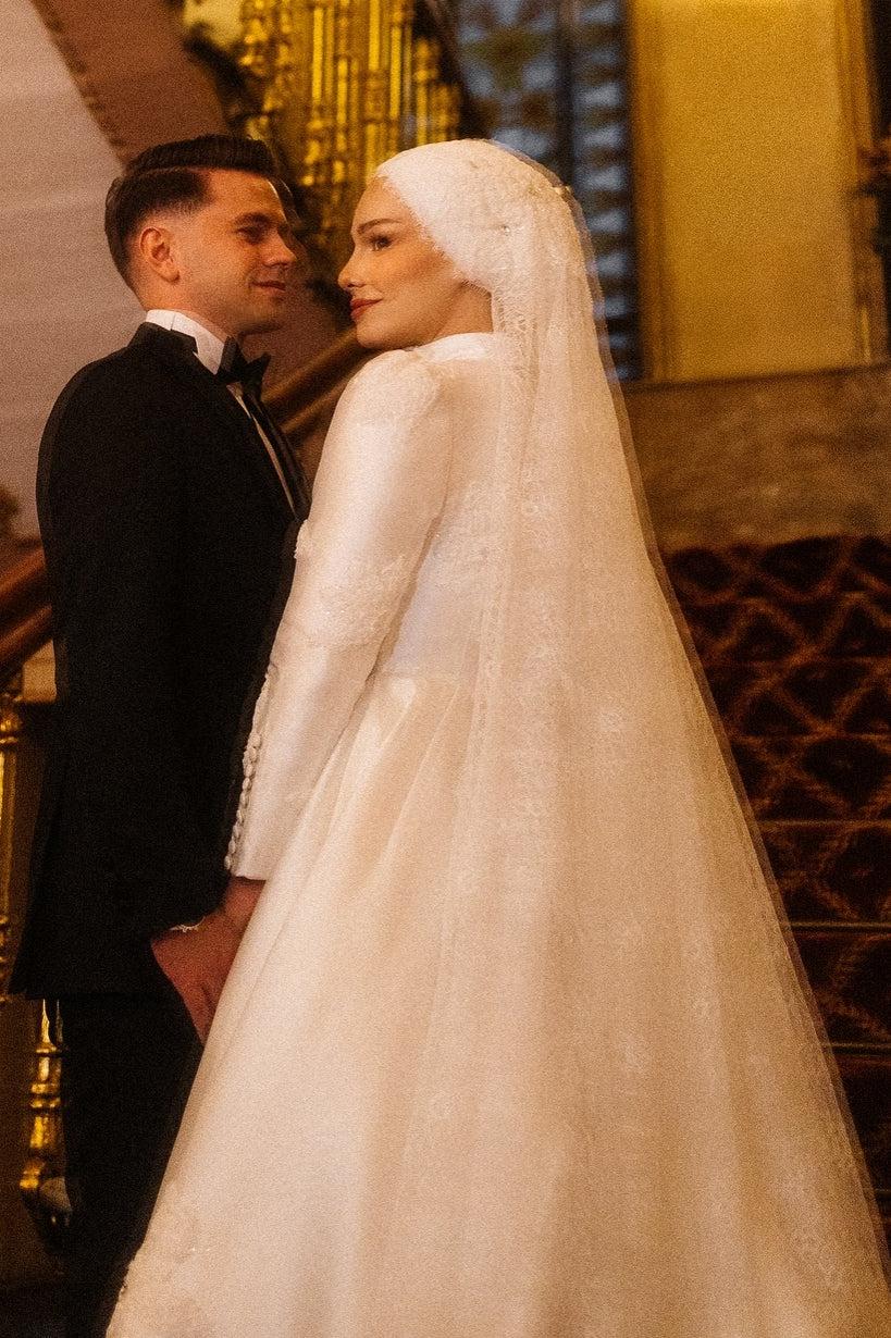 Pakistani Ivory Lace Appliqué Satin A-Line Wedding Gown (2-Piece) - Image 8