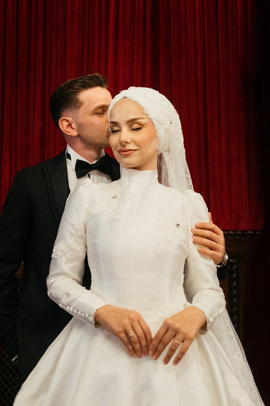 Pakistani Ivory Lace Appliqué Satin A-Line Wedding Gown (2-Piece) - Image 9