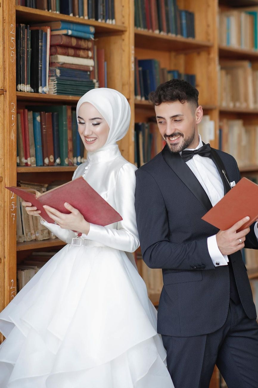 Pakistani Ivory Embellished Satin & Organza Wedding Gown (1-Pc) - Image 5