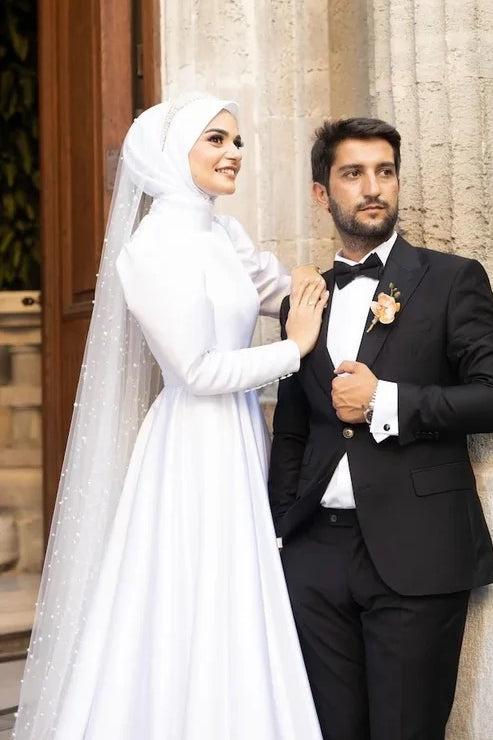 Pakistani Ivory Satin A-Line Bridal Gown (1-Pc) - Image 1