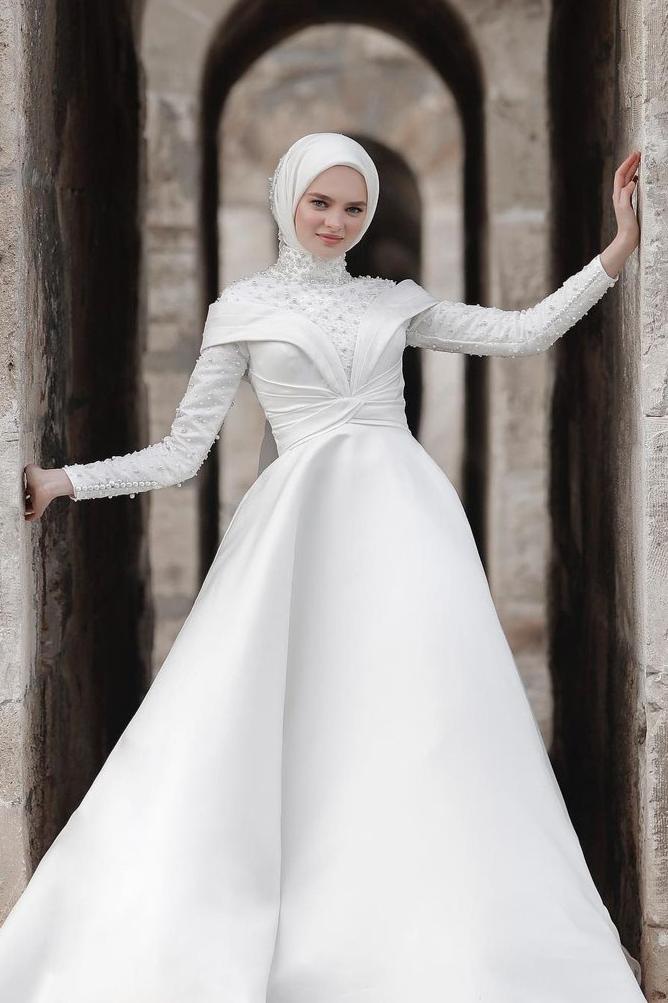 Pakistani Ivory Pearl & Crystal Satin Bridal Gown (1-Pc) - Image 1