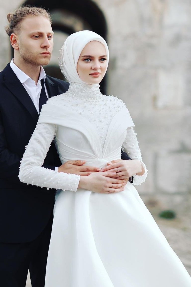 Pakistani Ivory Pearl & Crystal Satin Bridal Gown (1-Pc) - Image 2