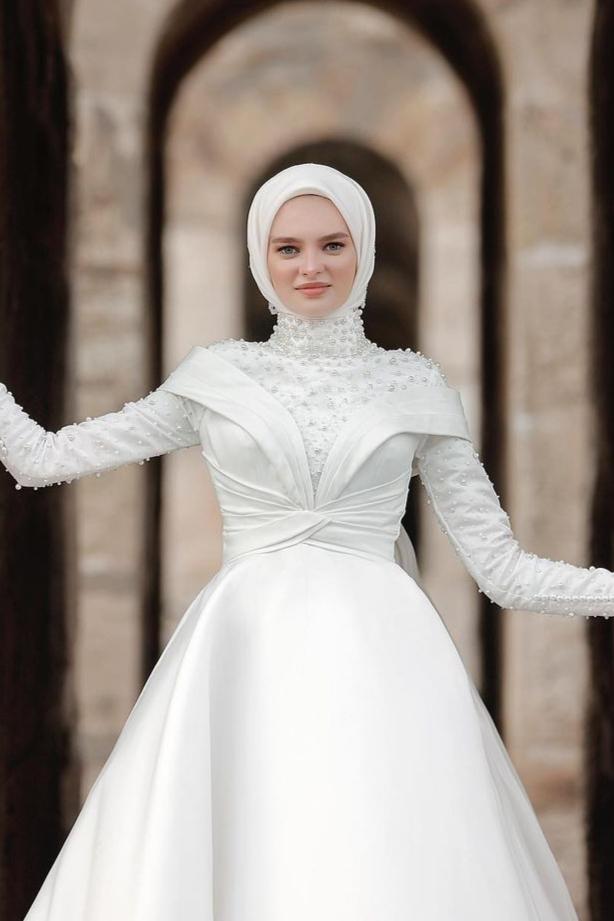 Pakistani Ivory Pearl & Crystal Satin Bridal Gown (1-Pc) - Image 3