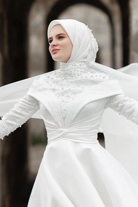 Pakistani Ivory Pearl & Crystal Satin Bridal Gown (1-Pc) - Image 4