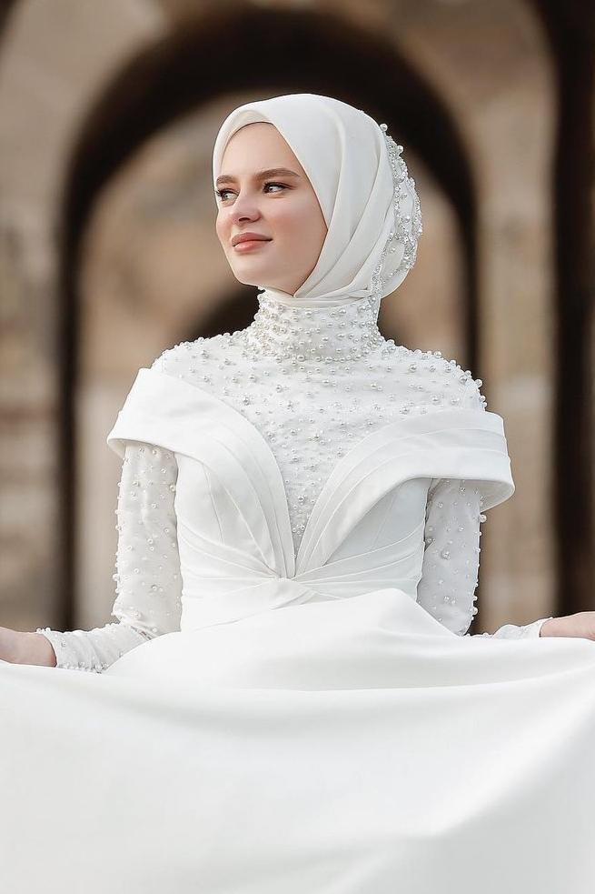 Pakistani Ivory Pearl & Crystal Satin Bridal Gown (1-Pc) - Image 5