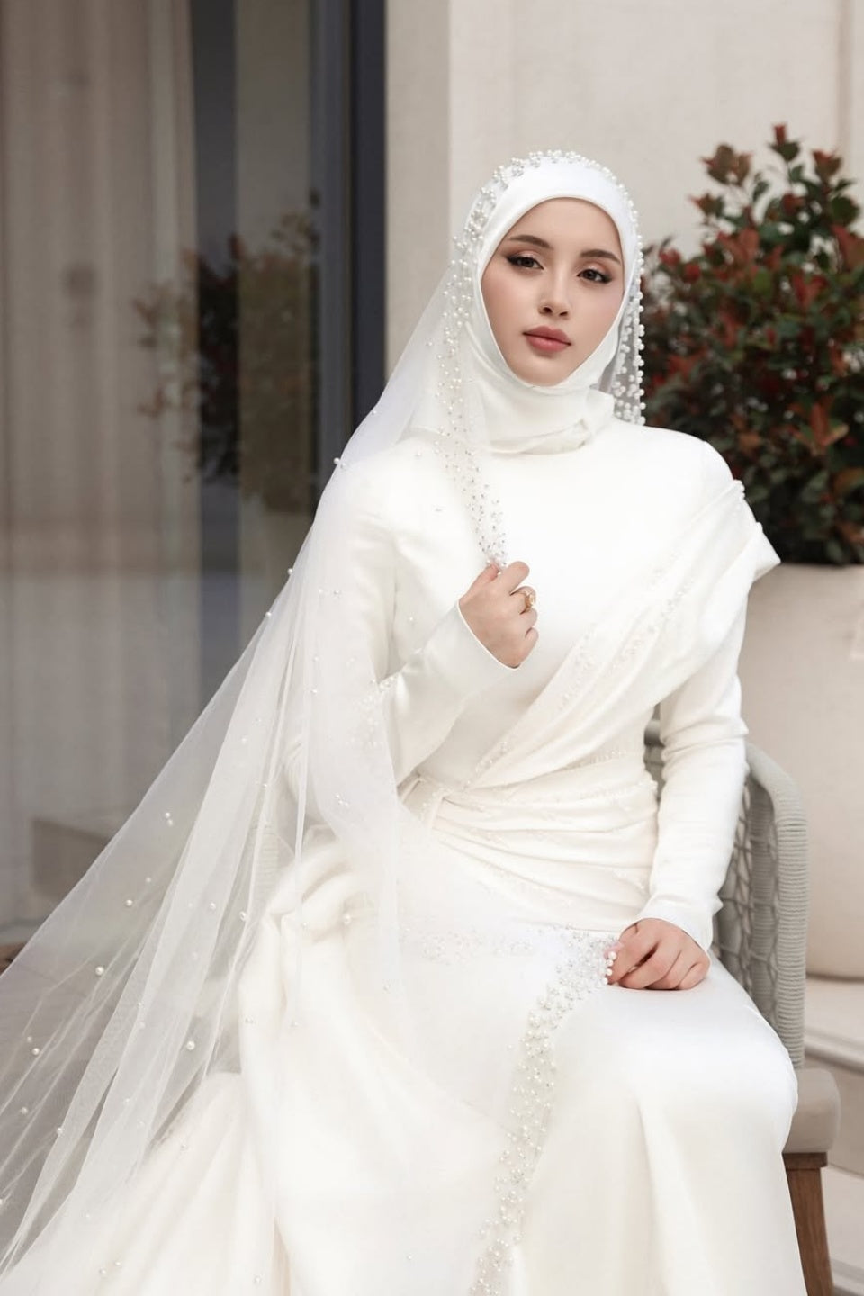 Pakistani Ivory Satin A-Line Bridal Gown (2-Piece) - Image 2