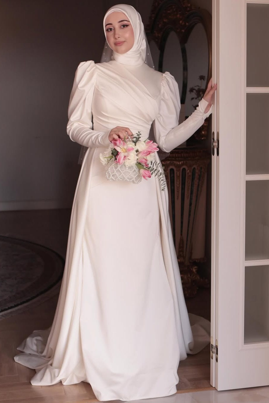 Pakistani Ivory Satin A-Line Bridal Gown (2-Piece) - Image 6