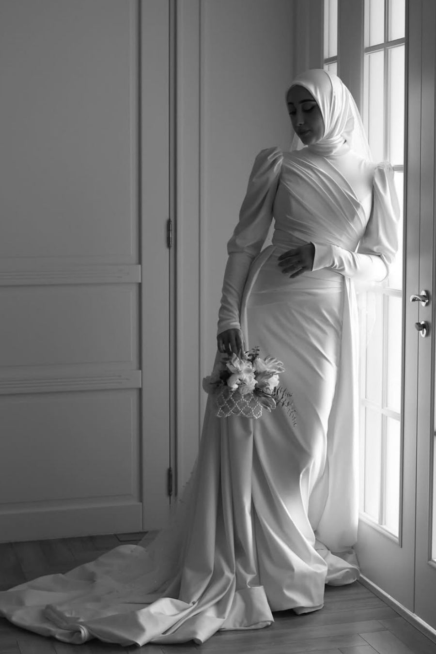 Ivory Pleated Satin A-Line Wedding Gown (1-Pc) - Image 2