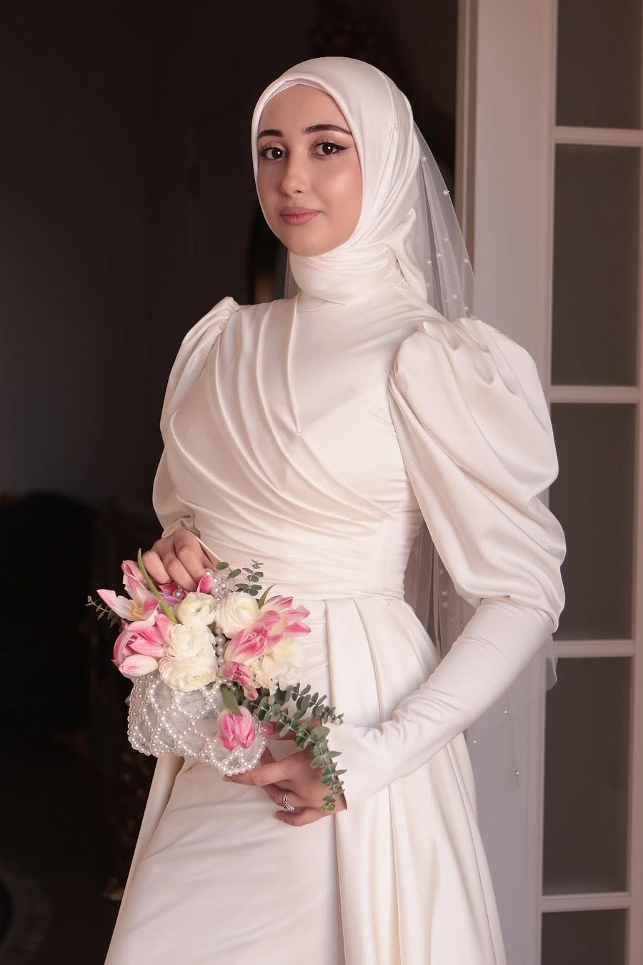 Ivory Pleated Satin A-Line Wedding Gown (1-Pc) - Image 3