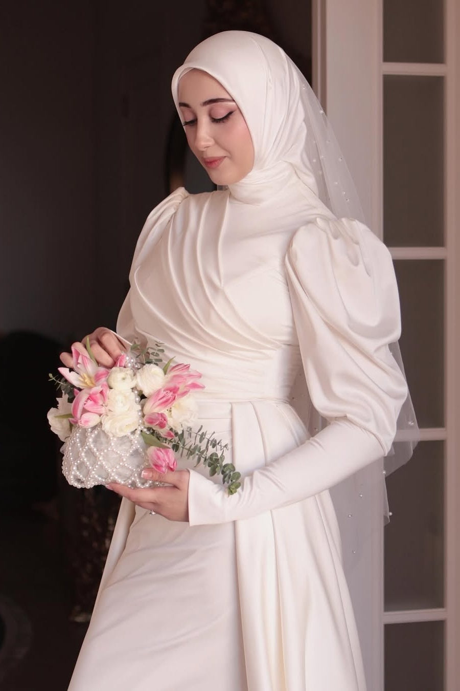 Ivory Pleated Satin A-Line Wedding Gown (1-Pc) - Image 4