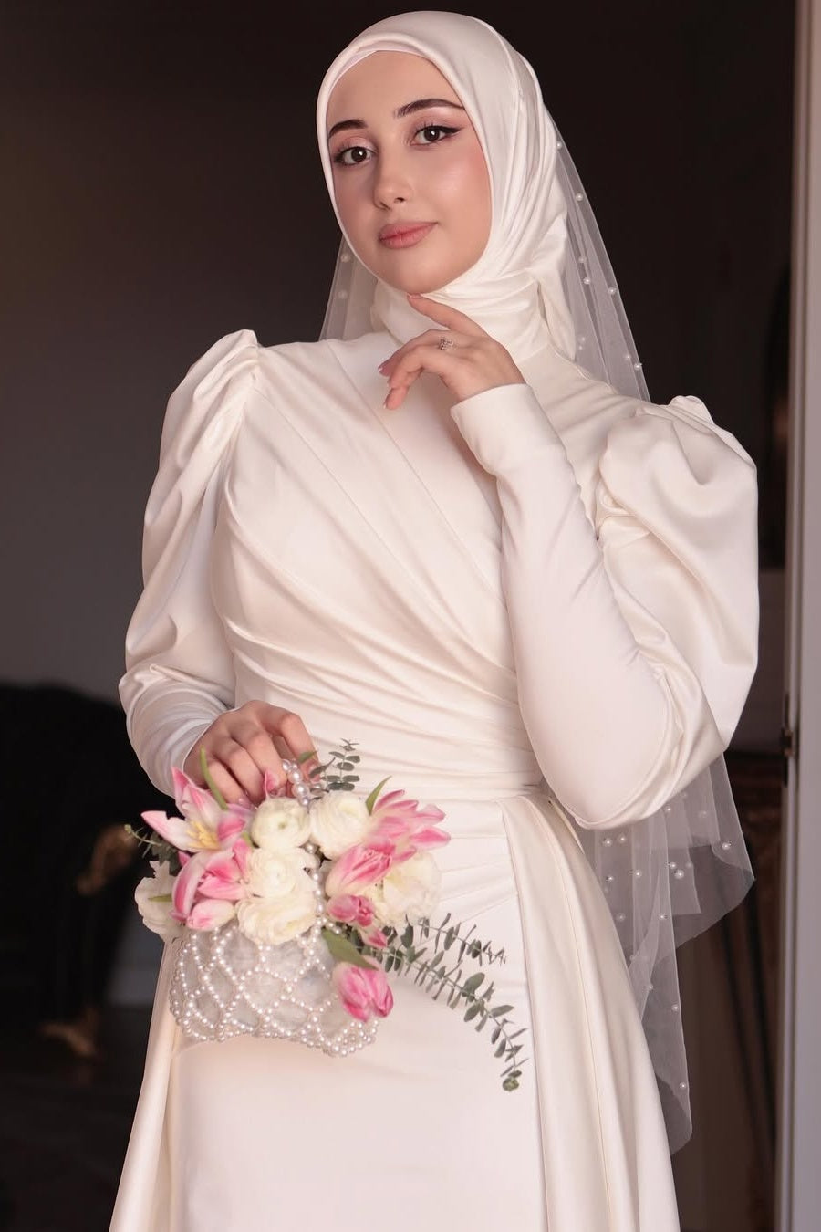 Ivory Pleated Satin A-Line Wedding Gown (1-Pc) - Image 5