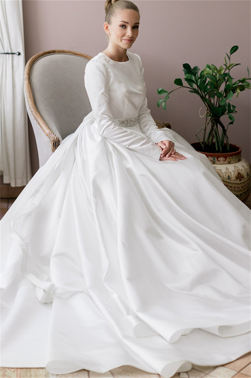 Ivory Rhinestone Satin Ball Gown Bridal Dress (1-Pc) - Image 1