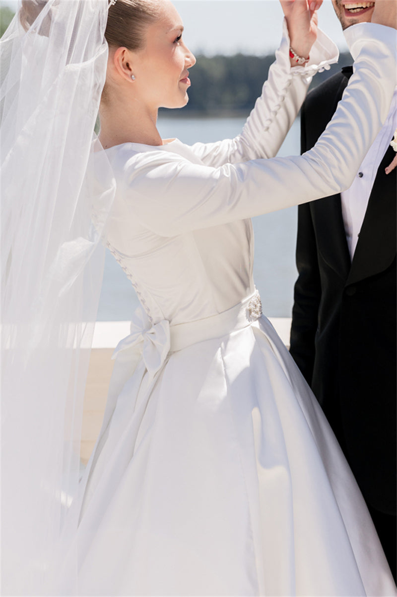 Ivory Rhinestone Satin Ball Gown Bridal Dress (1-Pc) - Image 6