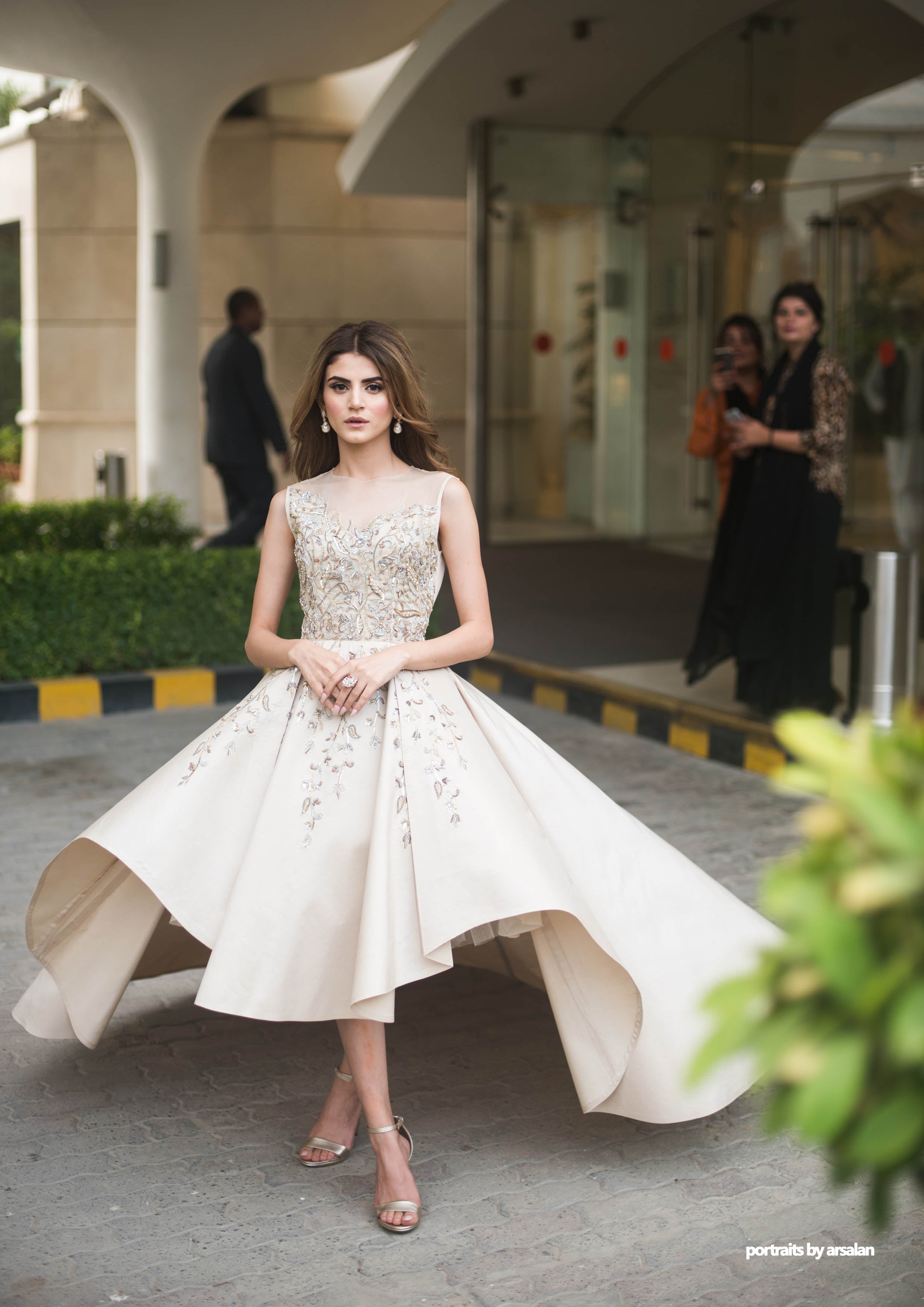 Pakistani Ivory Beaded Satin-Silk High-Low Gown (1-Pc) - Image 1