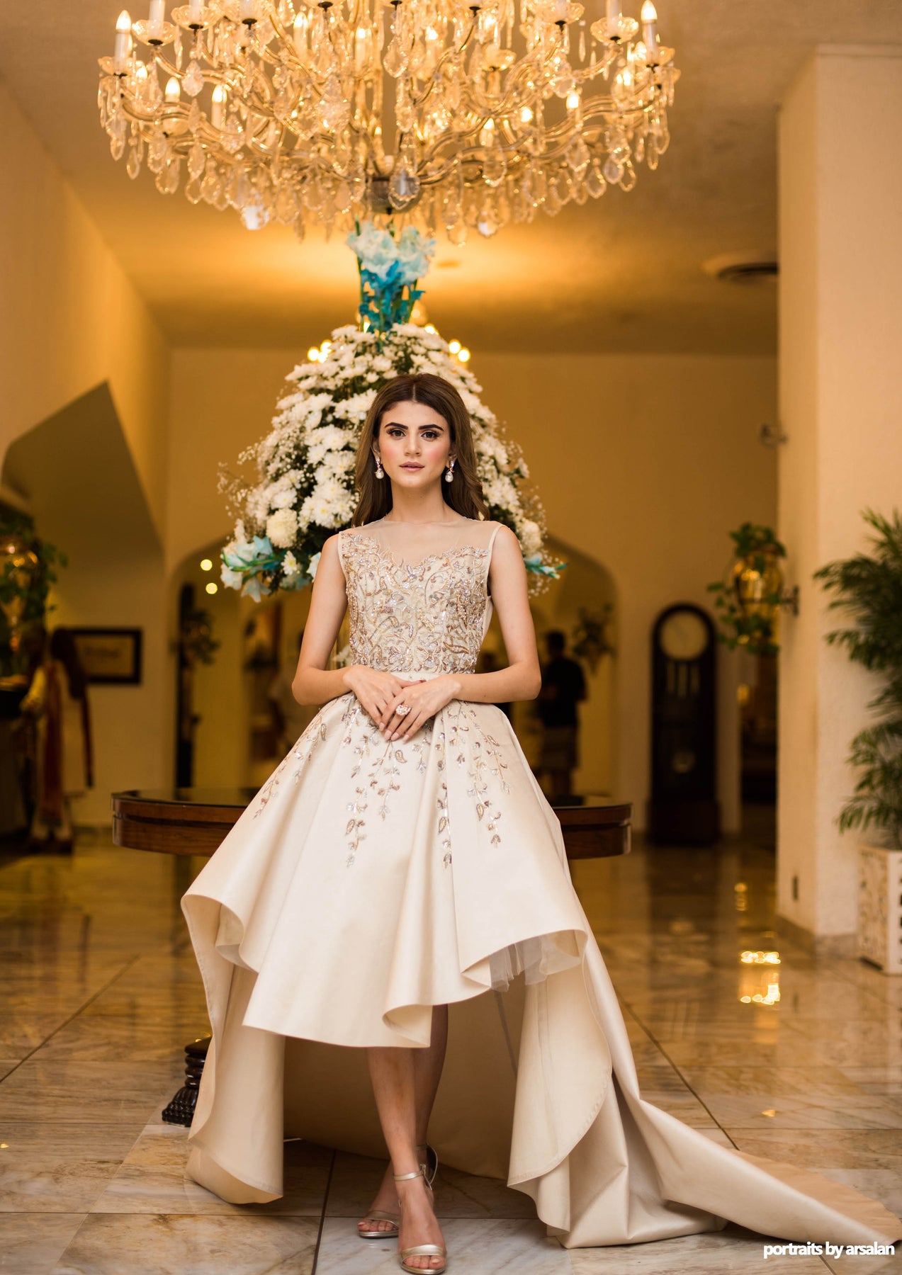 Pakistani Ivory Beaded Satin-Silk High-Low Gown (1-Pc) - Image 3