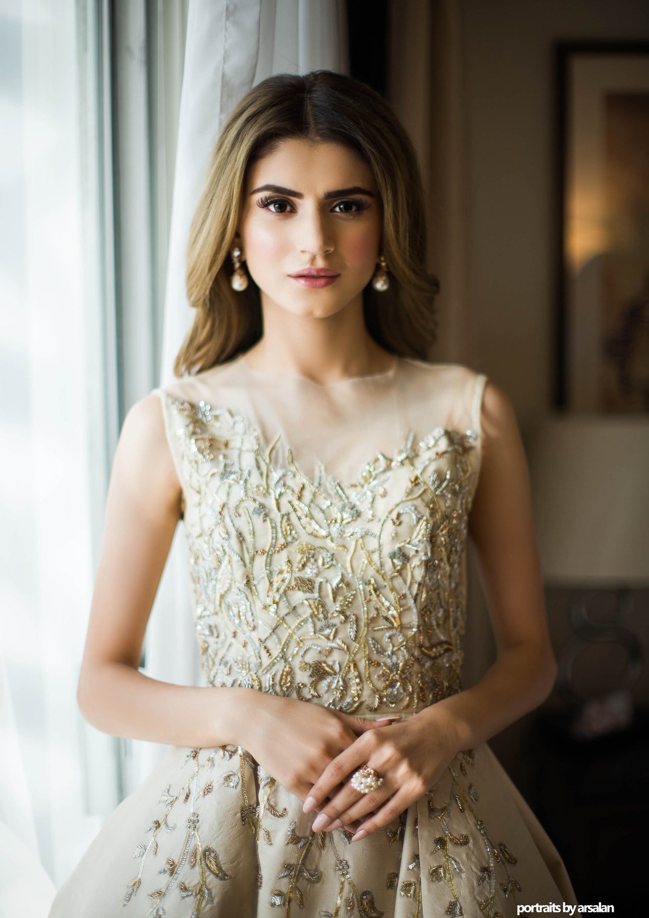 Pakistani Ivory Beaded Satin-Silk High-Low Gown (1-Pc) - Image 4