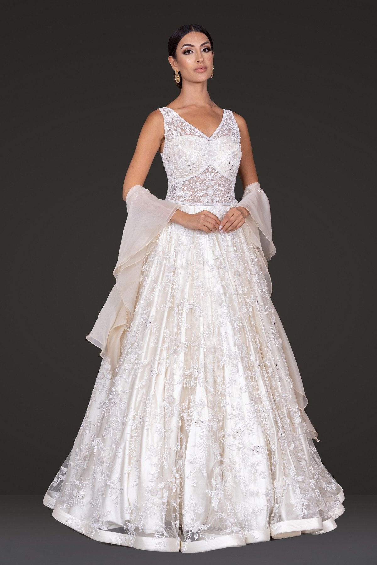 Indian Ivory Pearl & Sequin Embroidered Satin-Silk Gown (2-Piece) - Image 1