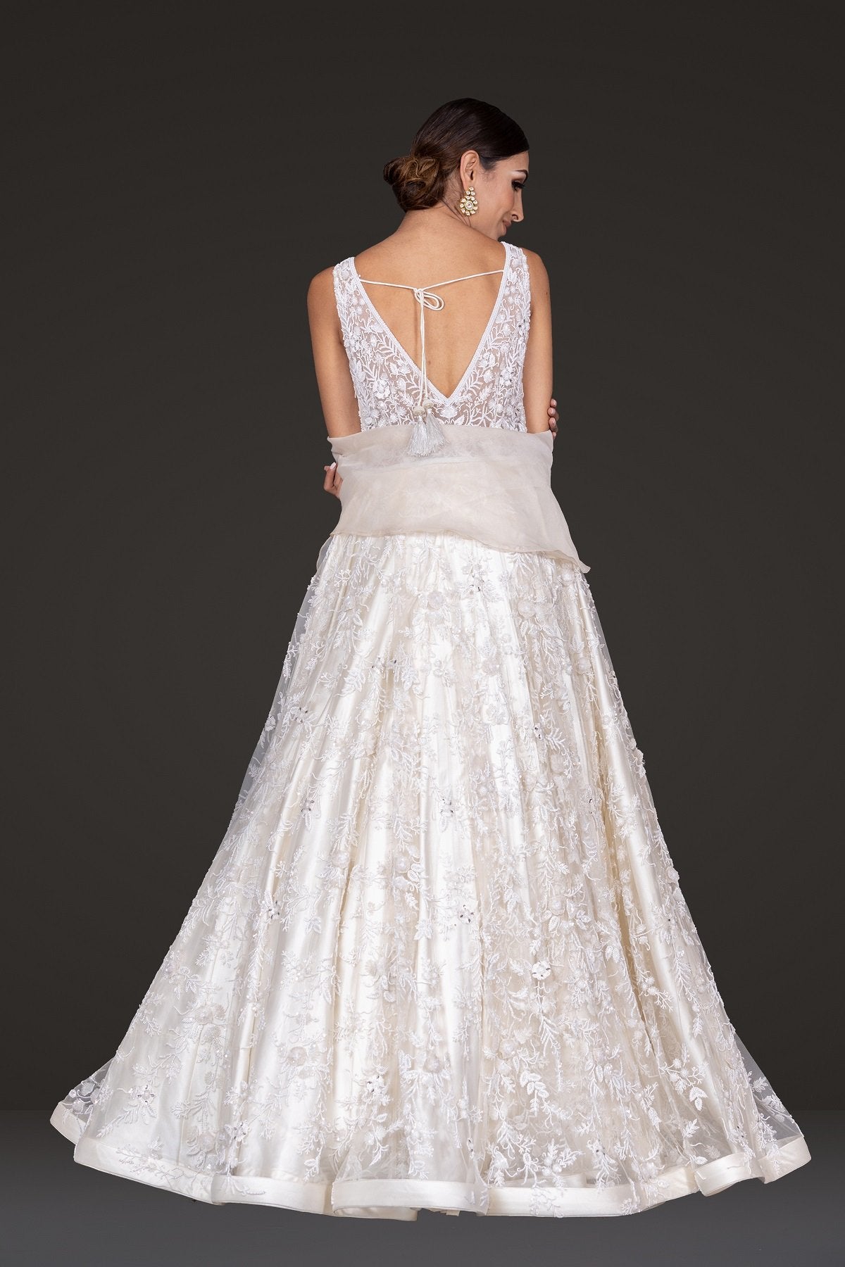 Indian Ivory Pearl & Sequin Embroidered Satin-Silk Gown (2-Piece) - Image 2