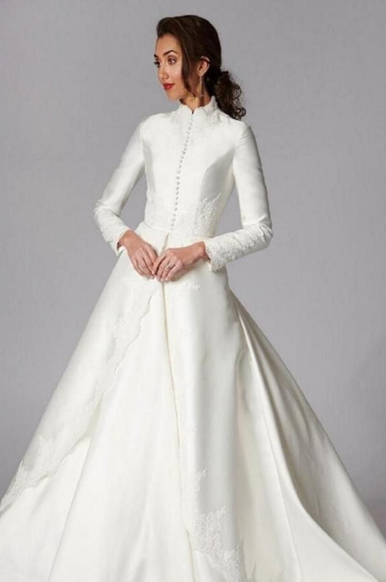 Pakistani Ivory Applique Satin A-Line Wedding Gown (1-Pc) - Image 1