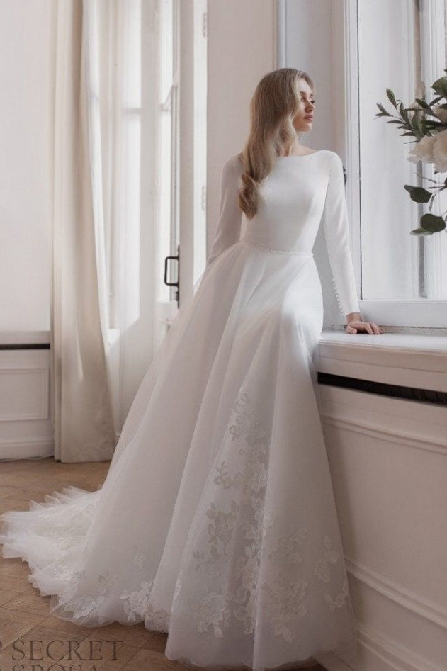 Pakistani Ivory Lace Satin Tulle Wedding Gown (1-Pc) - Image 1