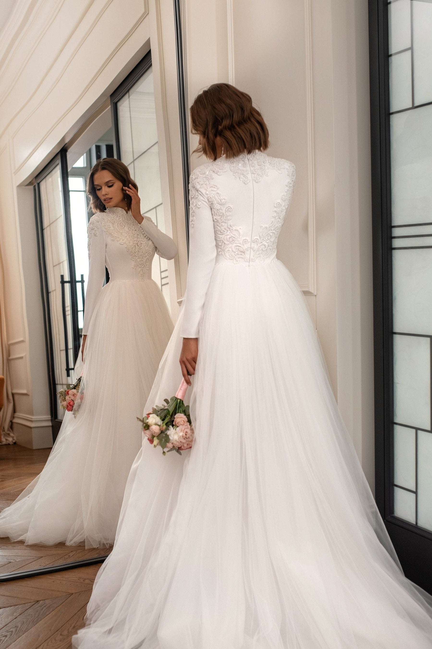 Ivory Embroidered Satin Tulle Wedding Gown (1-Pc) - Image 1