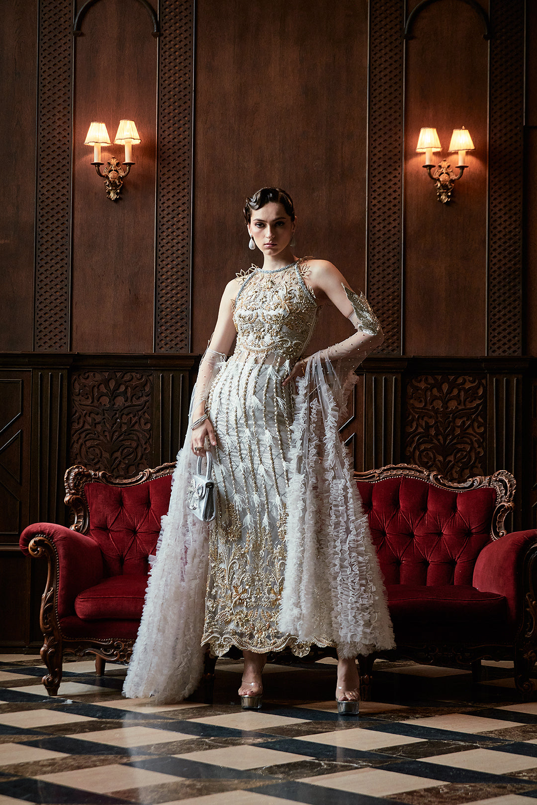 Pakistani Ivory Gold Embellished Silk-Blend Gown (1-Pc) - Image 1