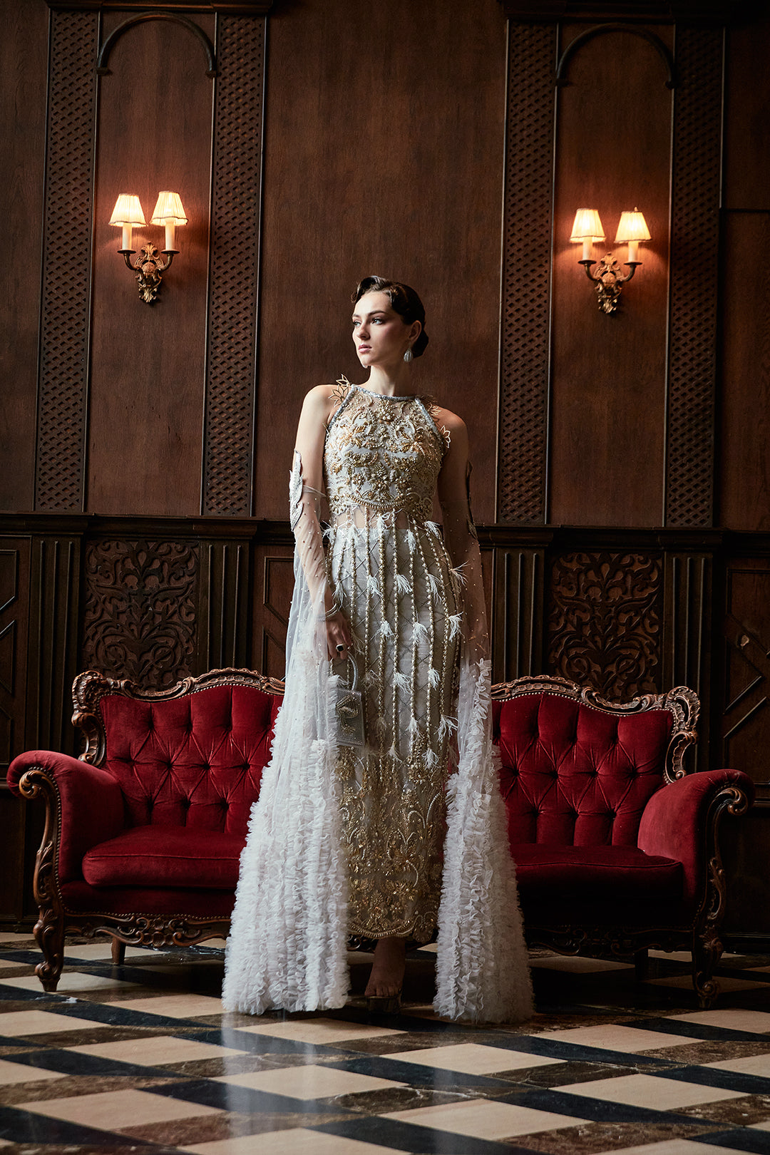 Pakistani Ivory Gold Embellished Silk-Blend Gown (1-Pc) - Image 2