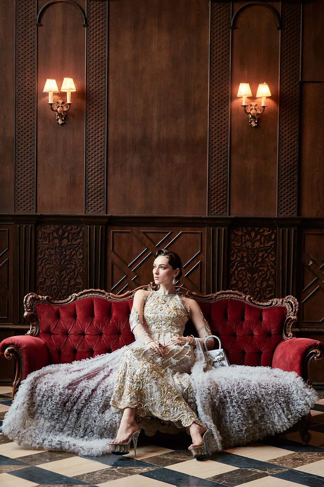 Pakistani Ivory Gold Embellished Silk-Blend Gown (1-Pc) - Image 3