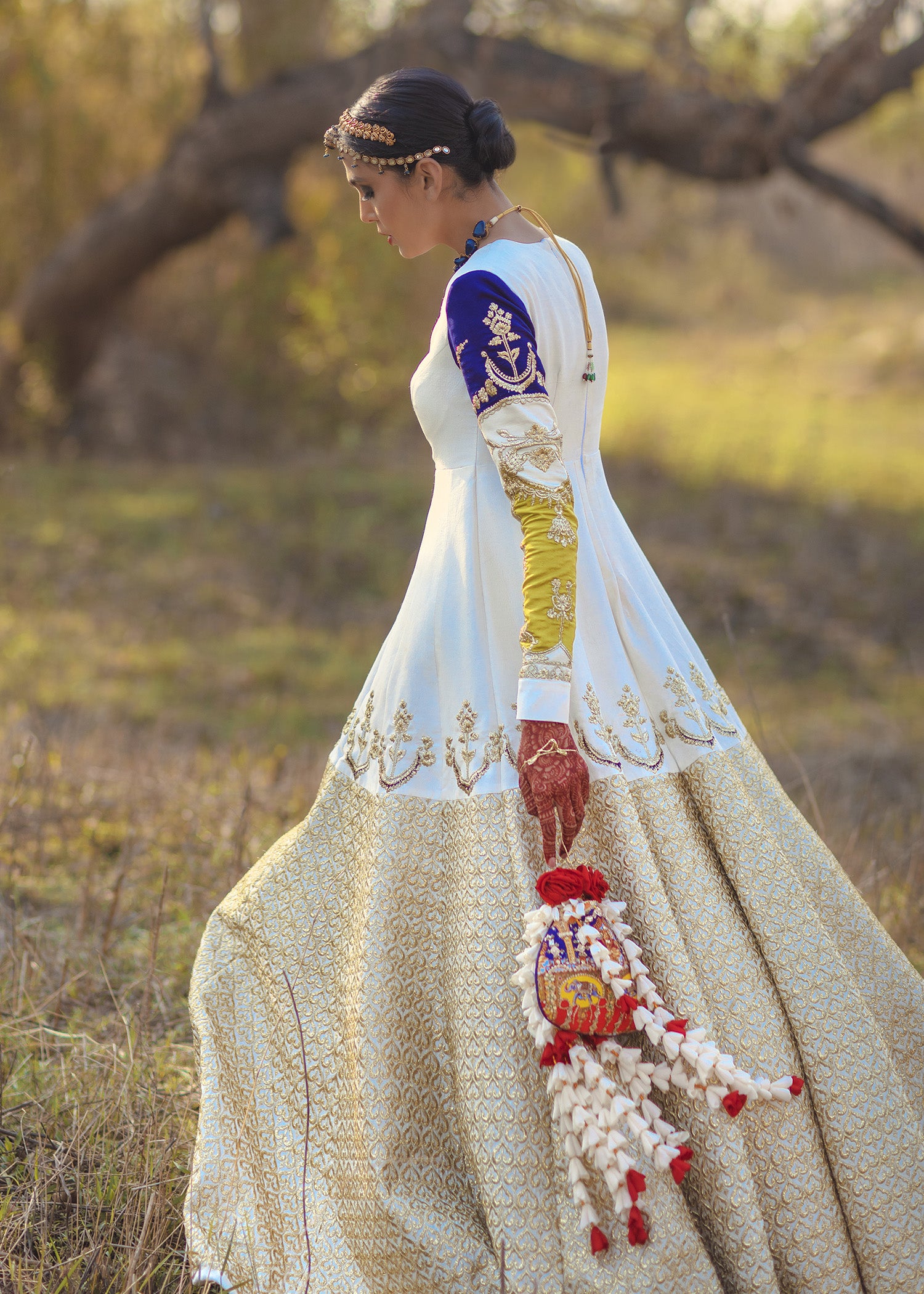 Pakistani Ivory Gold Embroidered Silk-Blend Gown (1-Pc) - Image 1