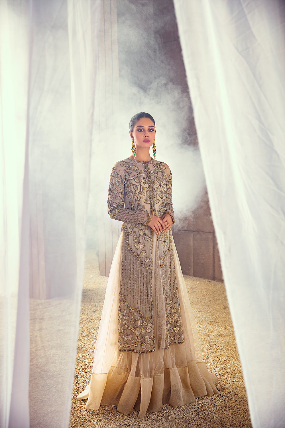 Soft Neutral Embellished Net Silk Gown (2-Piece) - Image 5