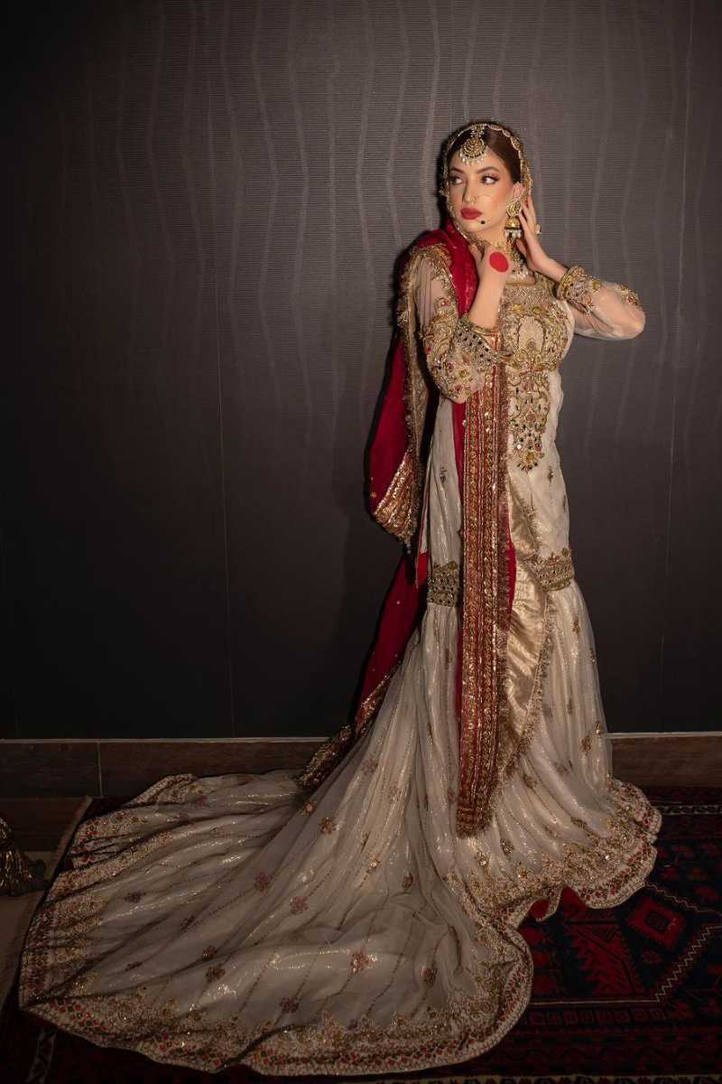 Pakistani Ivory Gold Embroidered Silk-Blend Bridal Gown (2-Piece) - Image 1