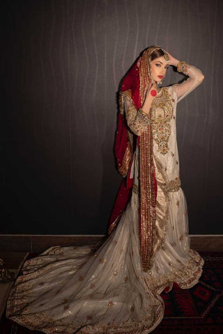 Pakistani Ivory Gold Embroidered Silk-Blend Bridal Gown (2-Piece) - Image 3