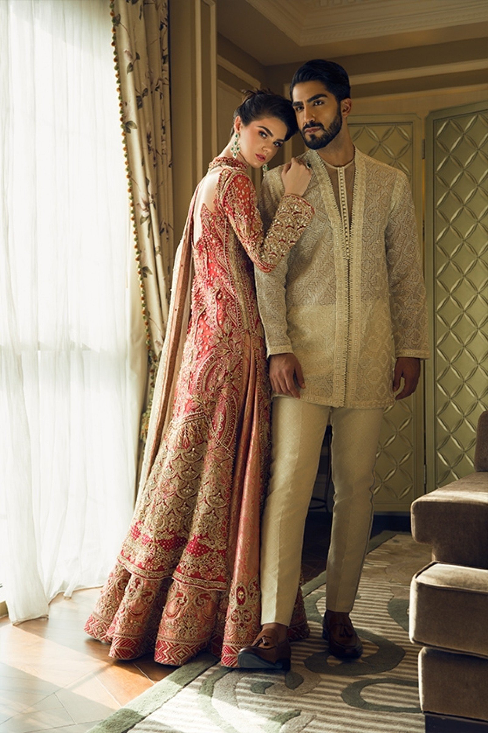 Ivory and Rouge Embroidered Silk-Blend Bridal Gown (2-Piece) - Image 1