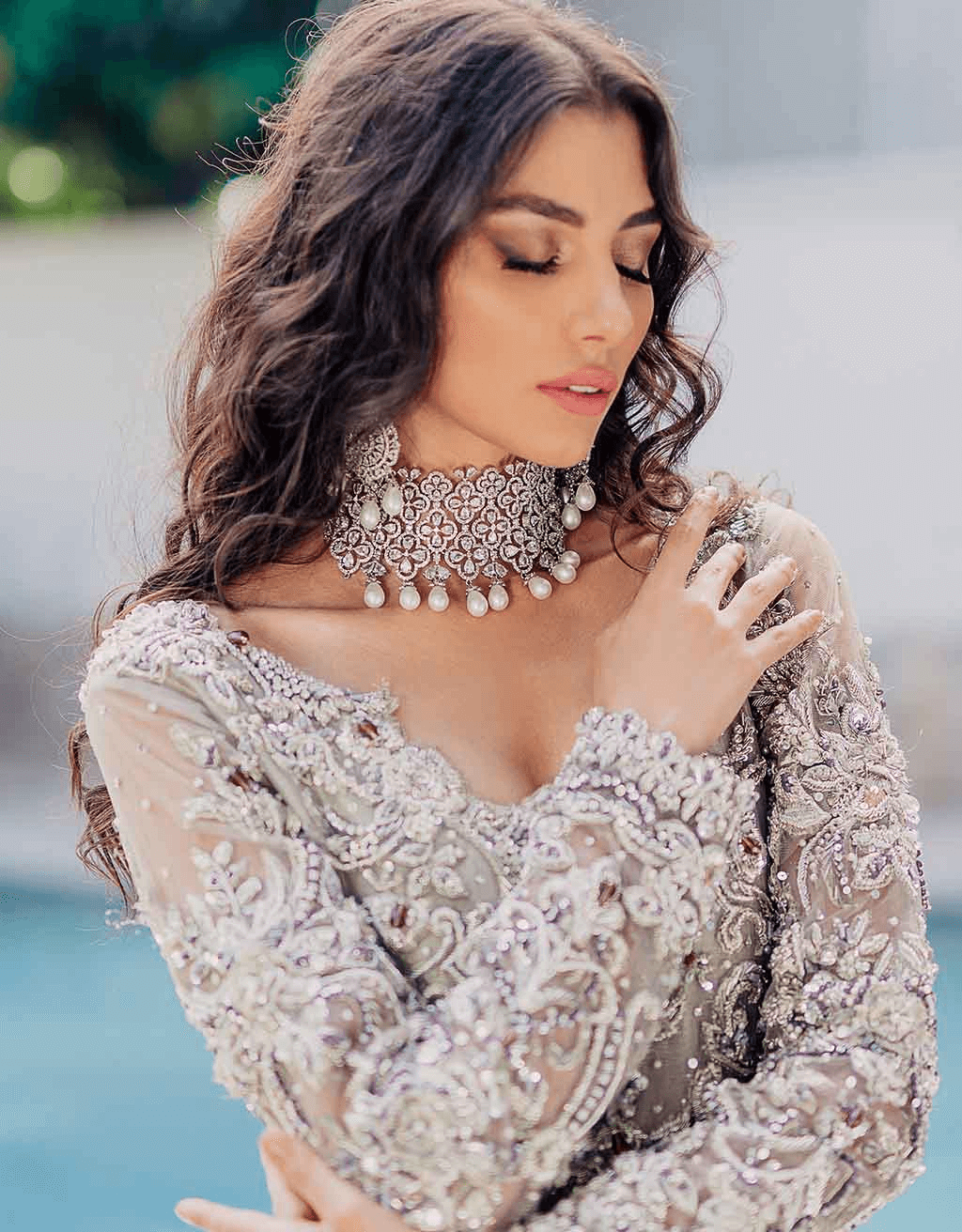 Pakistani Silver Ivory Crystal-Embellished Net Silk Fishtail Gown (2-Piece) - Image 2