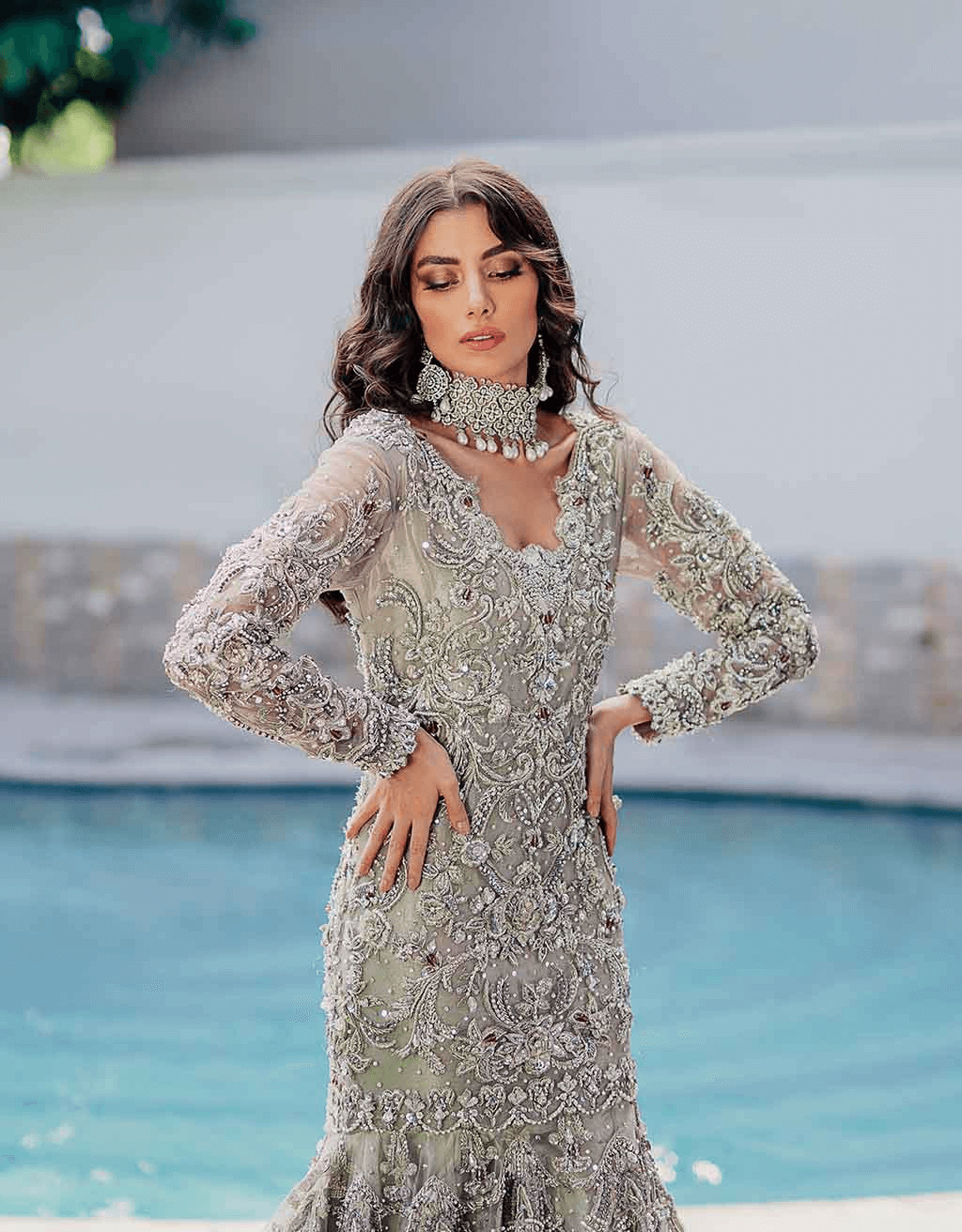 Pakistani Silver Ivory Crystal-Embellished Net Silk Fishtail Gown (2-Piece) - Image 3