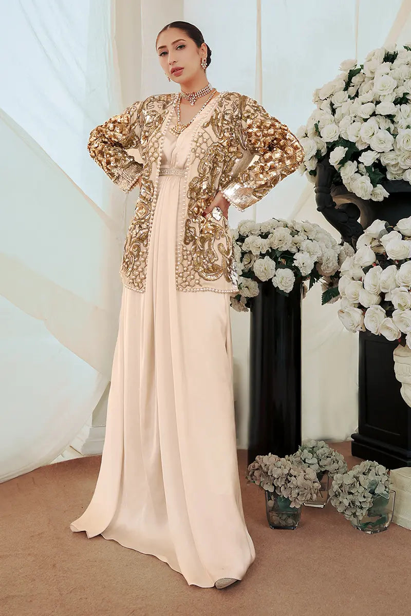 Off-White Embroidered Silk Gown with Jacket (2-Piece) - Image 1