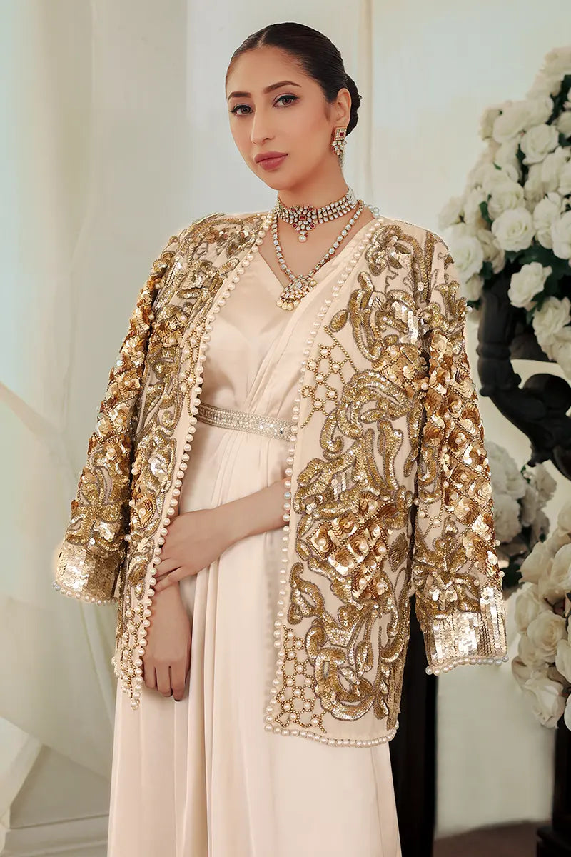 Off-White Embroidered Silk Gown with Jacket (2-Piece) - Image 3