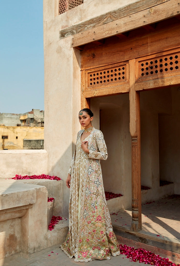 Pakistani Ivory Rosewood Hand-Embellished Silk Long Jacket Gown (1-Pc) - Image 2