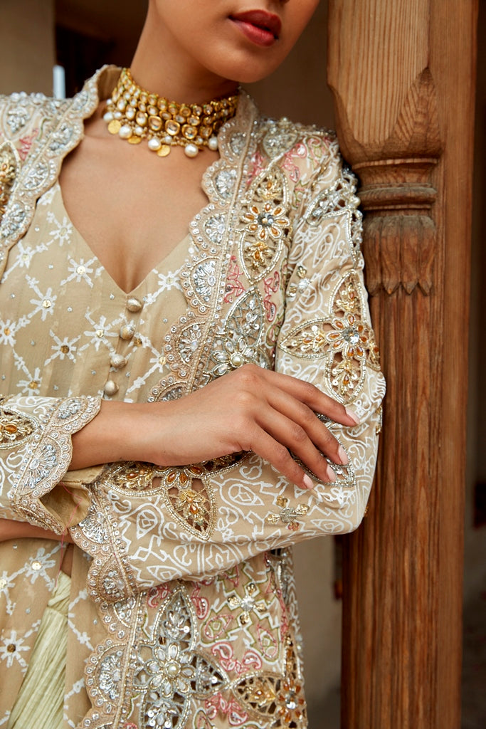 Pakistani Ivory Rosewood Hand-Embellished Silk Long Jacket Gown (1-Pc) - Image 3