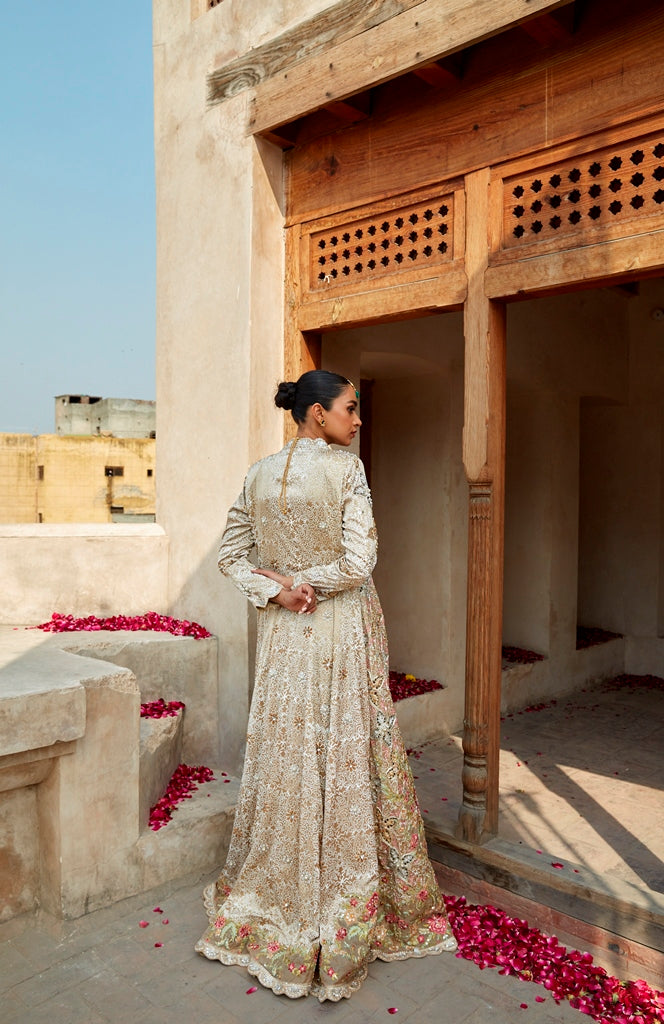 Pakistani Ivory Rosewood Hand-Embellished Silk Long Jacket Gown (1-Pc) - Image 4