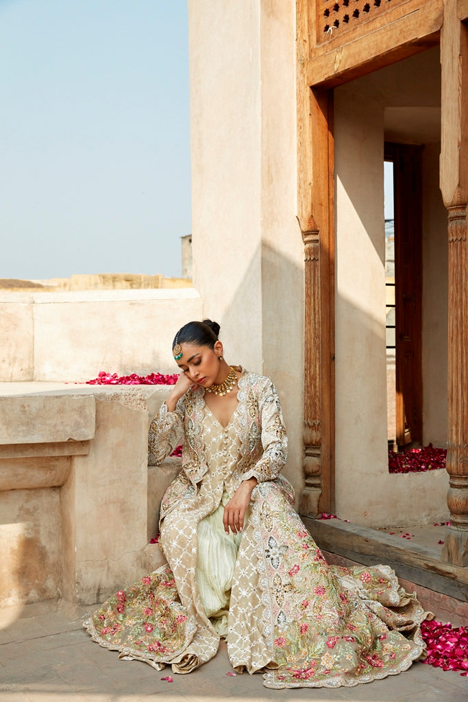 Pakistani Ivory Rosewood Hand-Embellished Silk Long Jacket Gown (1-Pc) - Image 5