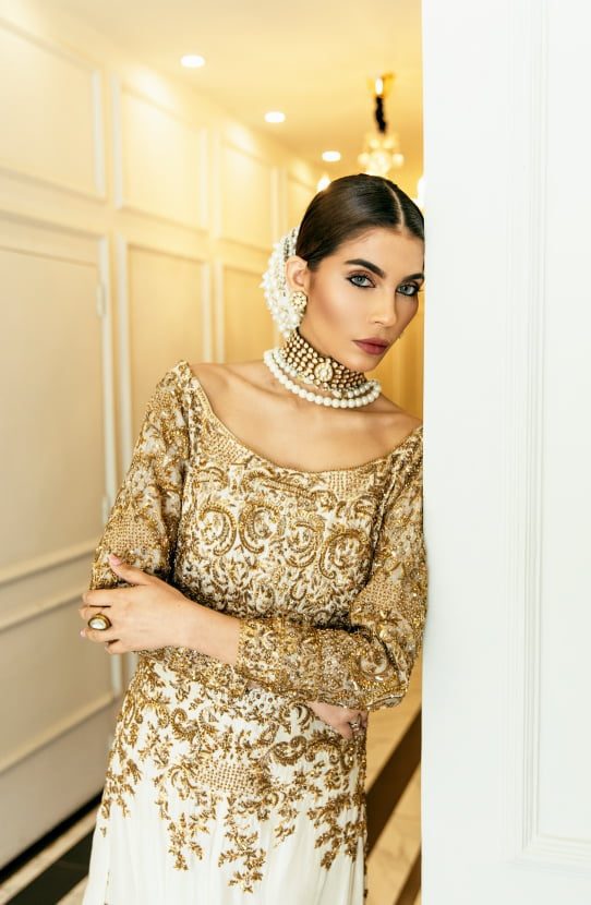 Off White Gold Embroidered Silk Mermaid Gown (2-Piece) - Image 2