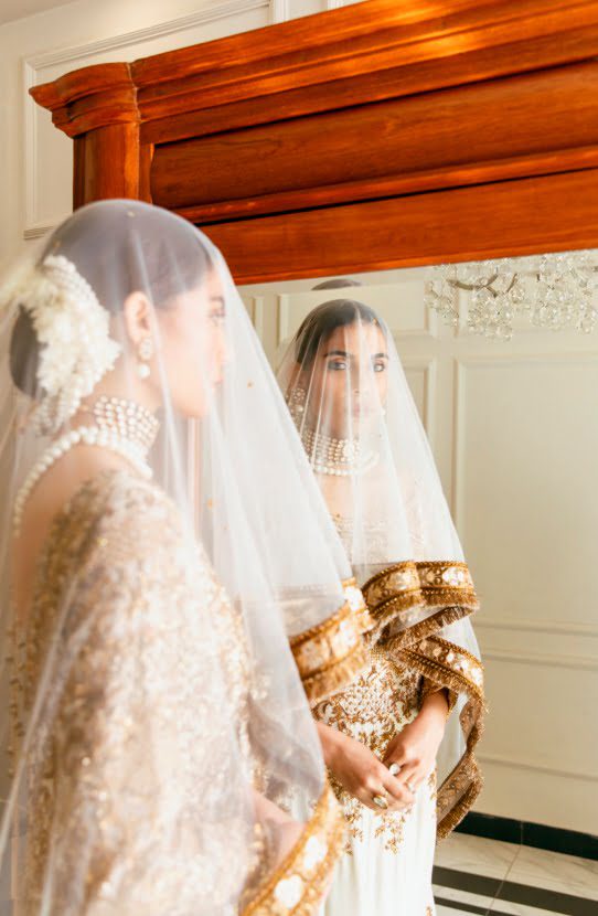 Off White Gold Embroidered Silk Mermaid Gown (2-Piece) - Image 4