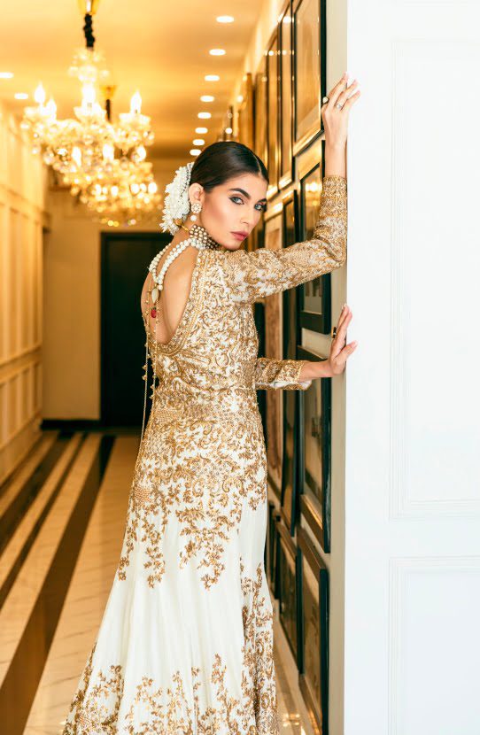 Pakistani Off White Antique Gold Embroidered Silk Mermaid Gown (2-Piece) - Image 3
