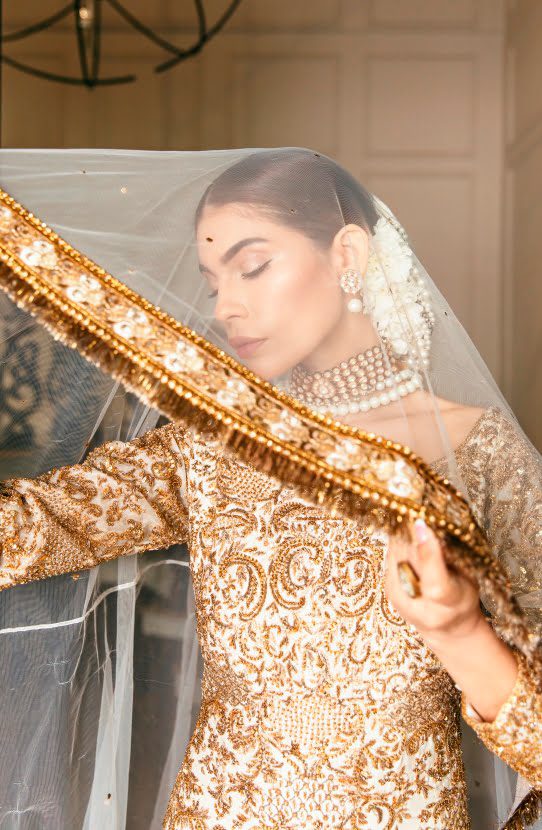 Pakistani Off White Antique Gold Embroidered Silk Mermaid Gown (2-Piece) - Image 5