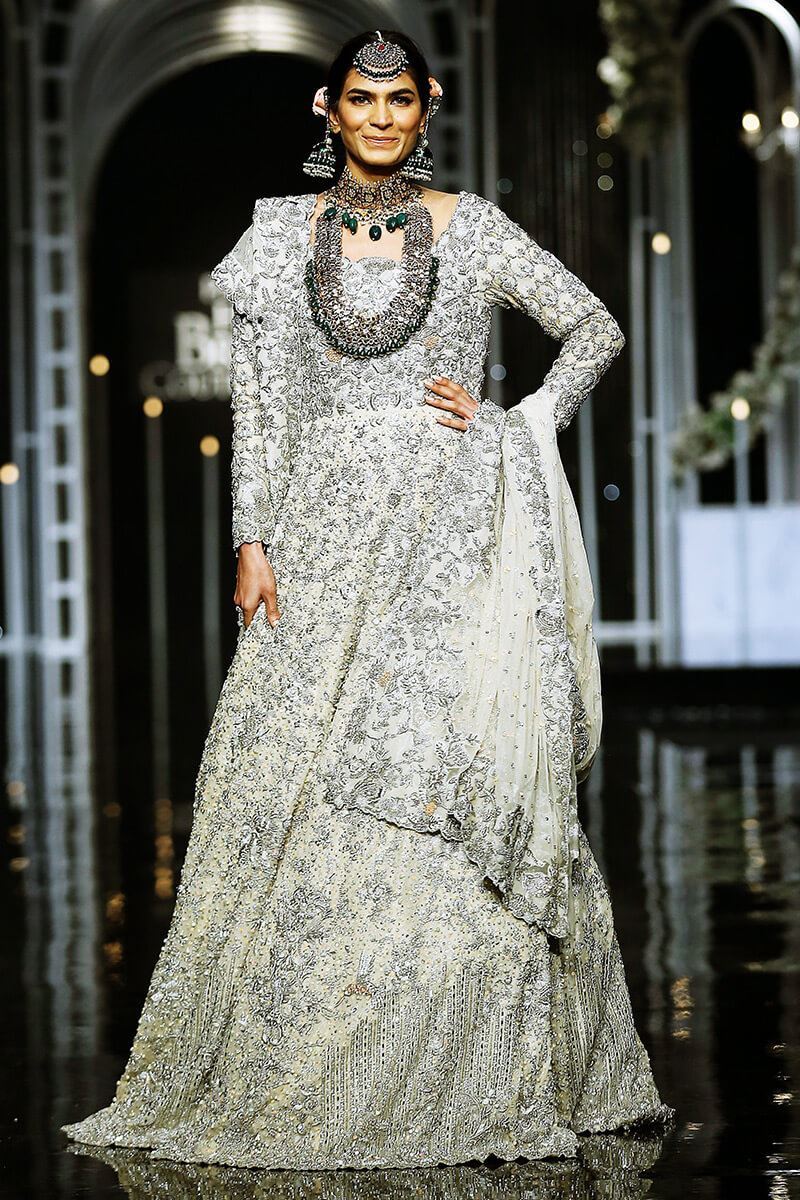 Pakistani Ivory Silver Powder Pink Embellished Silk Net Bridal Gown (2-Piece) - Image 1