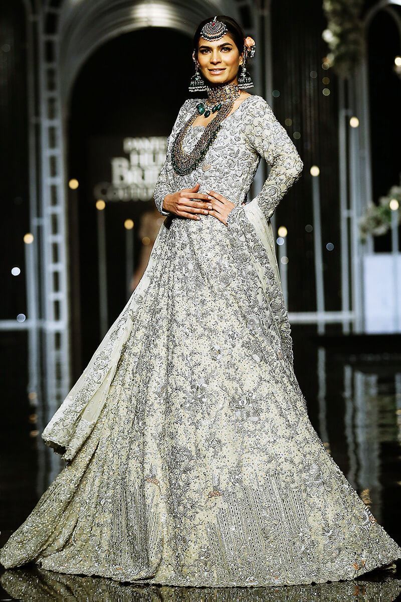 Pakistani Ivory Silver Powder Pink Embellished Silk Net Bridal Gown (2-Piece) - Image 2