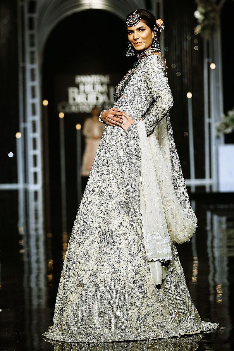 Pakistani Ivory Silver Powder Pink Embellished Silk Net Bridal Gown (2-Piece) - Image 3